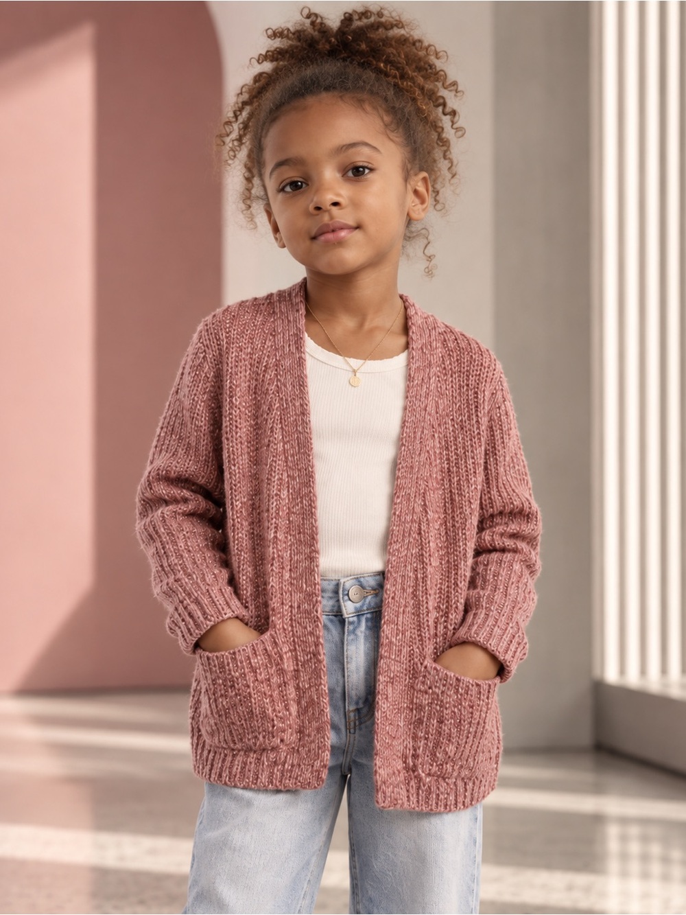 Zara Kids Open-Front Ribbed Cardigan Sweater - Dusty Pink ~ Size 6